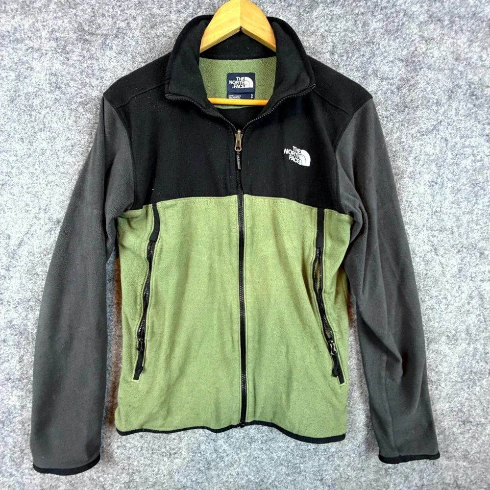 The North Face Fleece Jacket Men Small Green Gray Logo Full Zip Outdoor Gorpcore